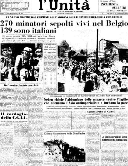 Il giornale l’Unità riporta la notizia della tragedia avvenuta a Martinelle in Belgio nel 1956.